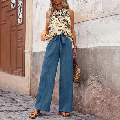 Women's 2 Piece Outfits Summer Casual Sleeveless Halter Neck Crop Tops Wide Leg Pants Set