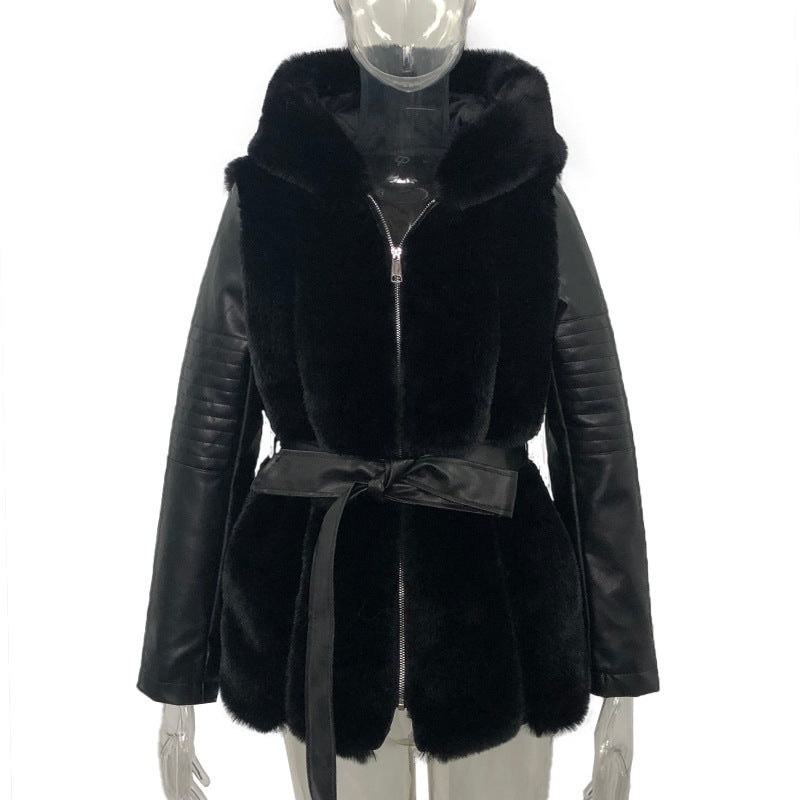 Veste à capuche avec ceinture en fourrure, nouveau Style, vêtements pour femmes, fermeture éclair