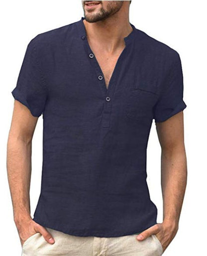 Chemise décontractée en lin de couleur unie, bouton, col en V, chemise de plage pour hommes, hauts d'été