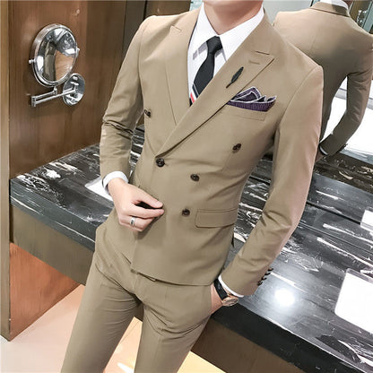 Men's Double Breasted Slim Fit Casual Suit Pants Set