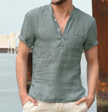 Chemise décontractée en lin de couleur unie, bouton, col en V, chemise de plage pour hommes, hauts d'été