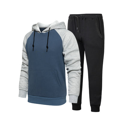 Fashion Trend Color Contrast Hooded Sweater Solid Color Waist Trousers For Men