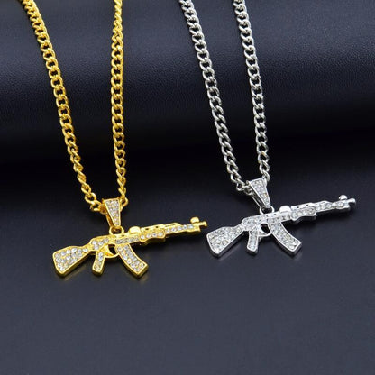 Cool Gothic Gun Shape Pendant Rhinestone Army Style Male Necklace Men Necklaces Jewelry