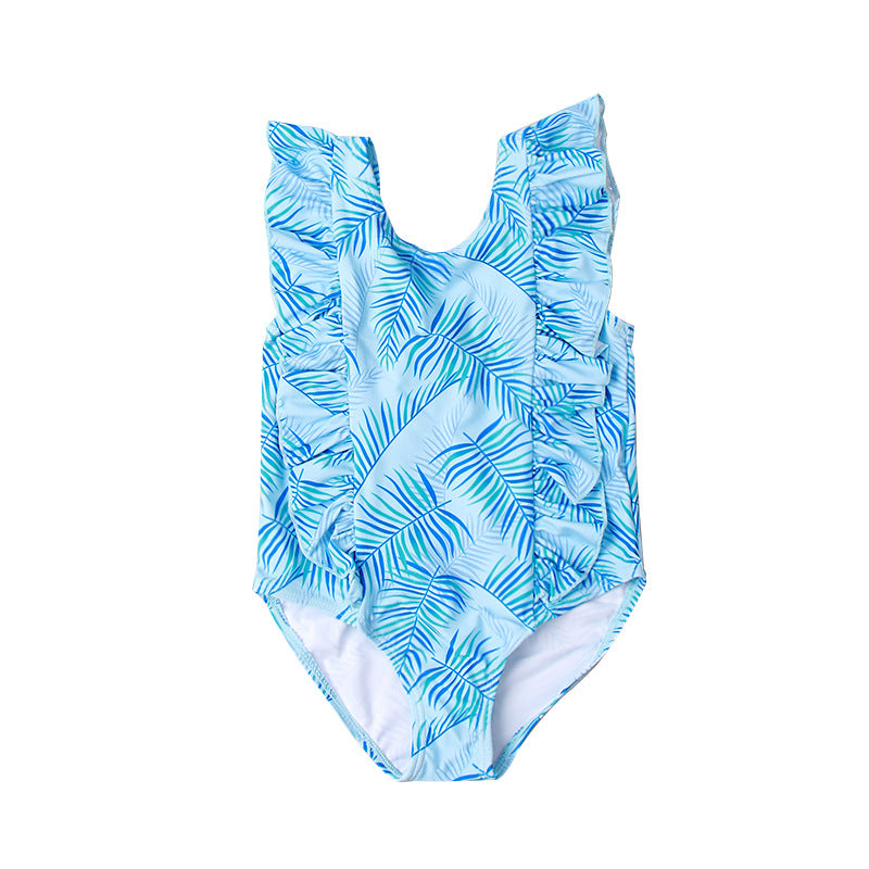 Nouveau Maillot de bain une pièce fille à volants motif feuille verte