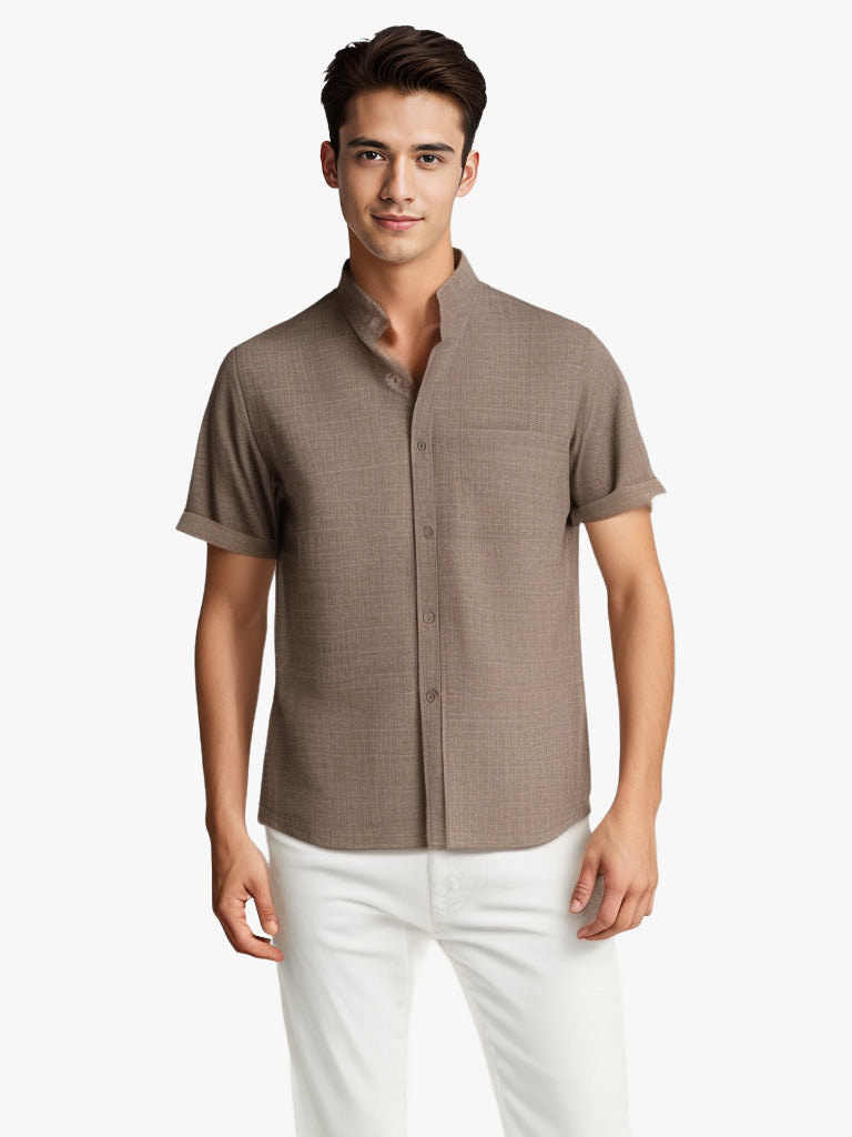 Solid-color Short-sleeved Lapel Shirt Summer Breathable Cotton And Linen Top Mens Clothing