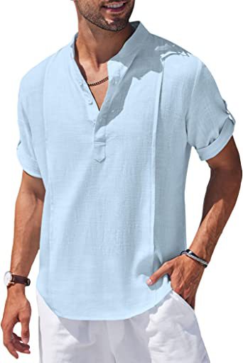 Henley Style Linen Shirt Men Casual Beach Shirt Short Sleeve T-Shirt Summer