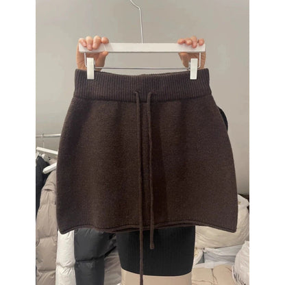 Professional Western Style Elastic Waistband Lace-Up Knitted Skirt - Urban Design (3 Colors, S-XL, Temperament Commute)