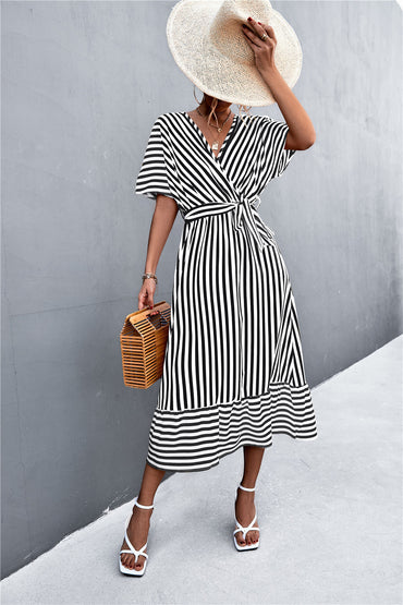 European And American Spring And Summer New Classic Hot Selling Product Cross V-neck Lace-up Striped Dress