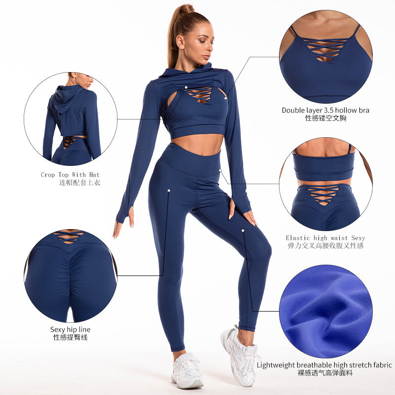 3 pièces costumes de sport à manches longues haut à capuche conception creuse camisole et bout à bout taille haute sans couture Fitness Leggings sport tenues de sport vêtements