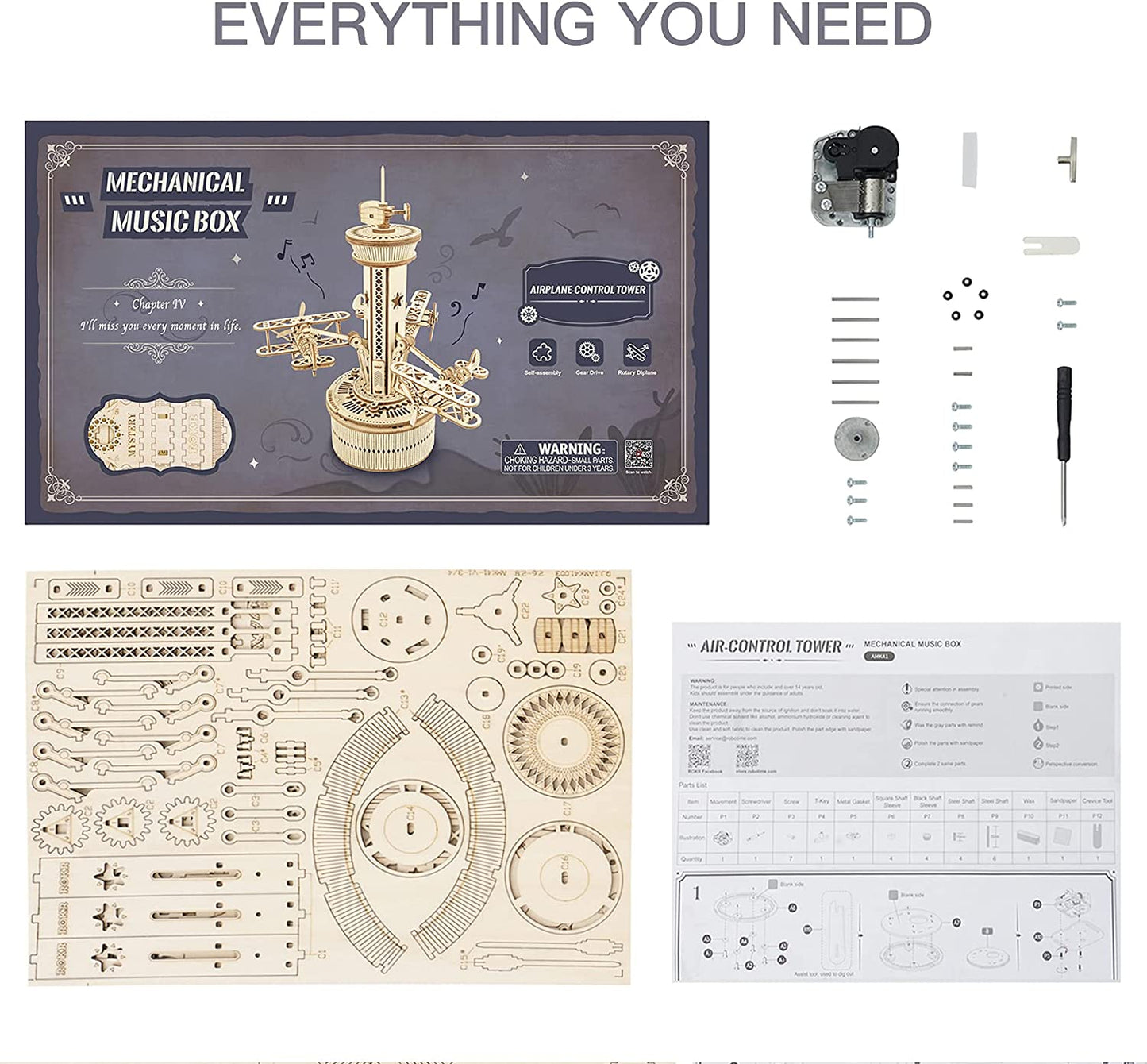 Robotime Rokr Puzzles 3D en bois pour adultes Kit de modèle de boîte à musique à monter soi-même Kit de construction à monter soi-même Tour de contrôle d'avion