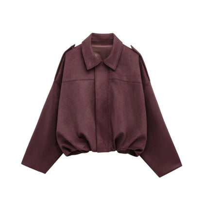 Women's Batwing Sleeve Lapel Suede Texture Effect Pilot Jacket