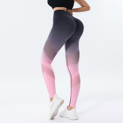 Ny ihålig design Gradienttryckt Yogabyxor Sömlösa hög midja Höftlyftande Fitness Leggings för kvinnor Snabbtorkande byxor