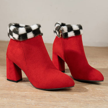 Women's Plaid Suede Ankle Boots with Square Heel