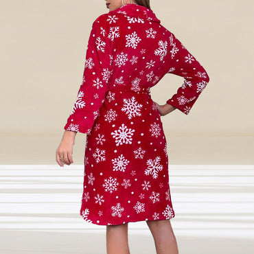 Christmas Snowflake Bathrobe Printed Lace-up Flannel Thick Night-robe