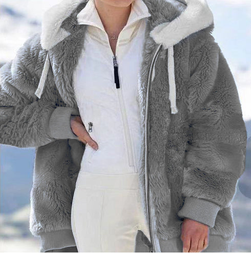 Autumn And Winter Loose Plush Zipper Hooded Jacket