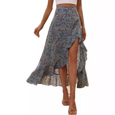 Professional Printed Ruffled Side Slit Skirt - Polyester Floral (3 Colors, M-XXL, Plants & Flowers)