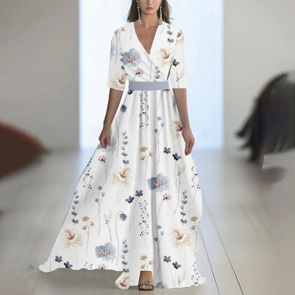 Printed Long Sleeved V-neck Patchwork Dress