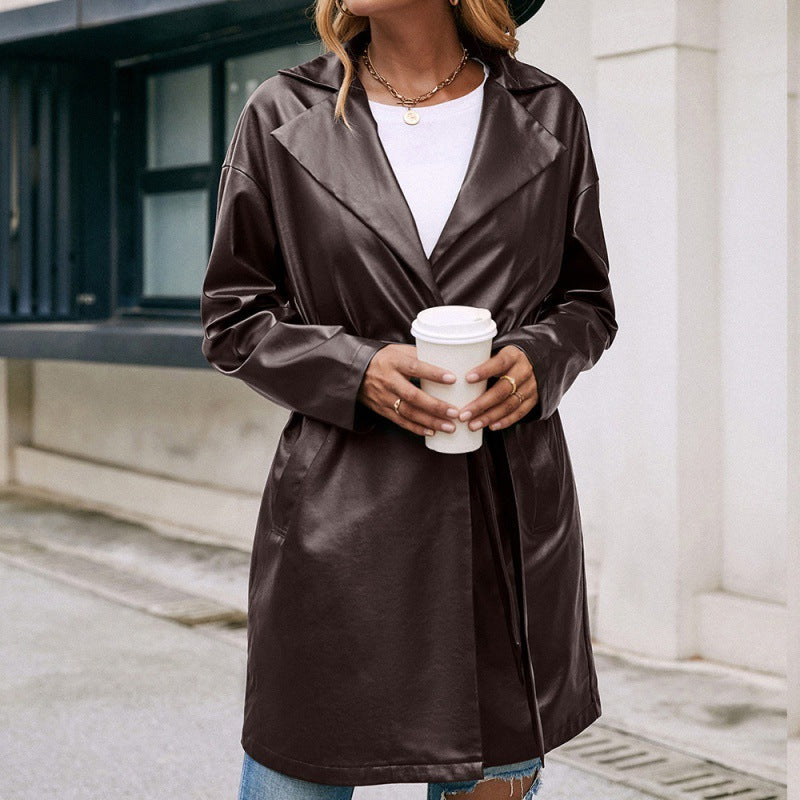 Trench-coat slim à manches longues en cuir mi-long en dentelle occidentale