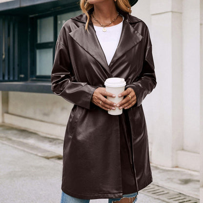 Trench-coat slim à manches longues en cuir mi-long en dentelle occidentale