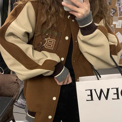 Retro Brown Baseball Jacket Women Loose Jacket