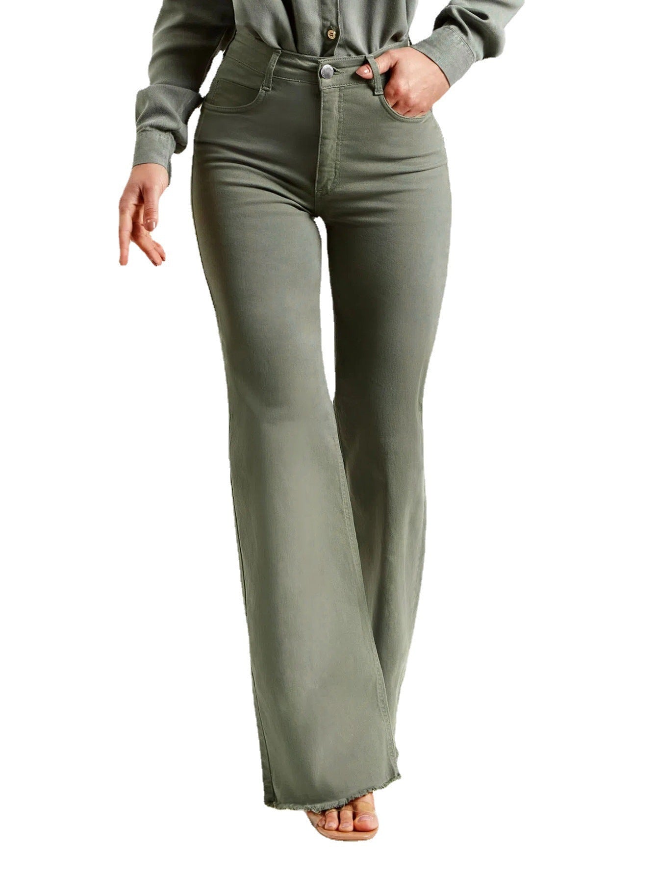 Pantalon évasé effiloché de couleur unie, coupe slim, extensible