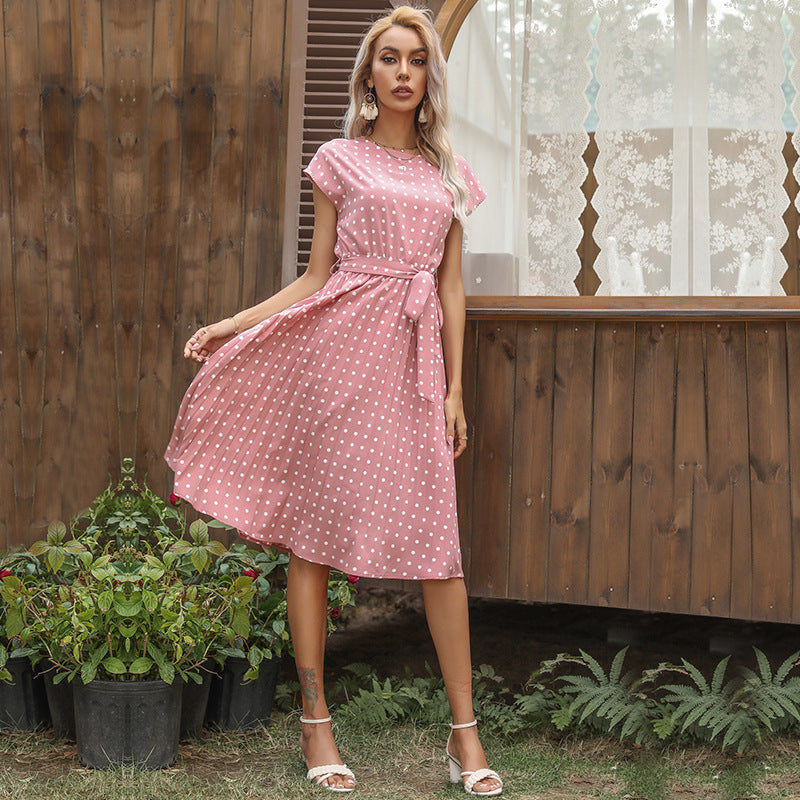 Sommar kvinnor Polka Dot Kort ärm klänning Casual Bandage Party Pleated Midi Klänningar Elegant grön kontor Lady Kläder Klädd