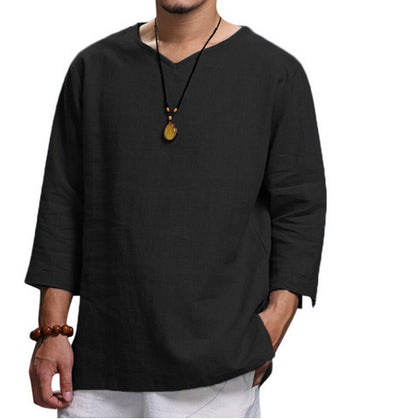 Loose Casual V-neck Top Cotton And Linen Long Sleeve Pullover Shirt Mens Clothing