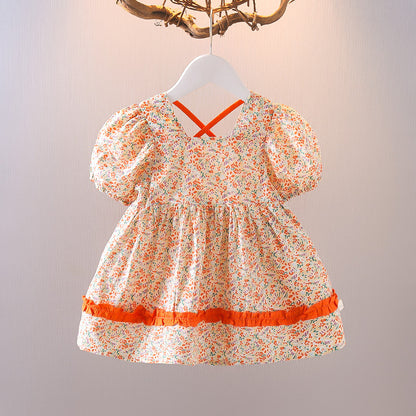 Robe de princesse d'été en coton à manches bulles pour filles, motif floral, pour petits enfants