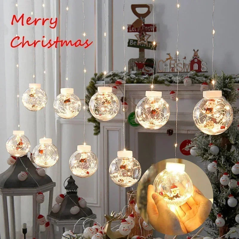 Lampe rideau de noël LED, 10 pièces, bonhomme de neige féerique, boule de souhait, décoration de fenêtre de noël, salle lumineuse de noël