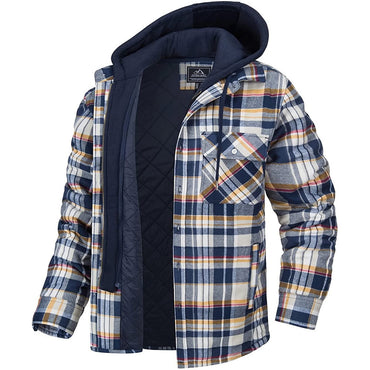 Men's Plaid Hooded Coat Winter Warm Button Zip-up Jacket Fashion Casual Thick Padded Long Sleeves Outerwear Clothing