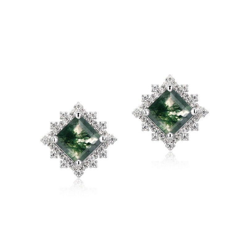 Light Luxury Green Moss Square Water Plants Agate Stud Earrings