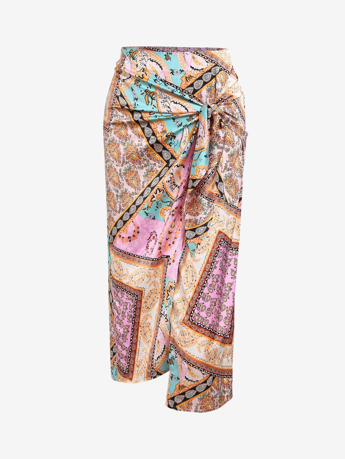 Professional Women's Boho Asymmetrical Skirt - Tied Floral Paisley Print (High Waist Ruched Design, Elegant Comfort)